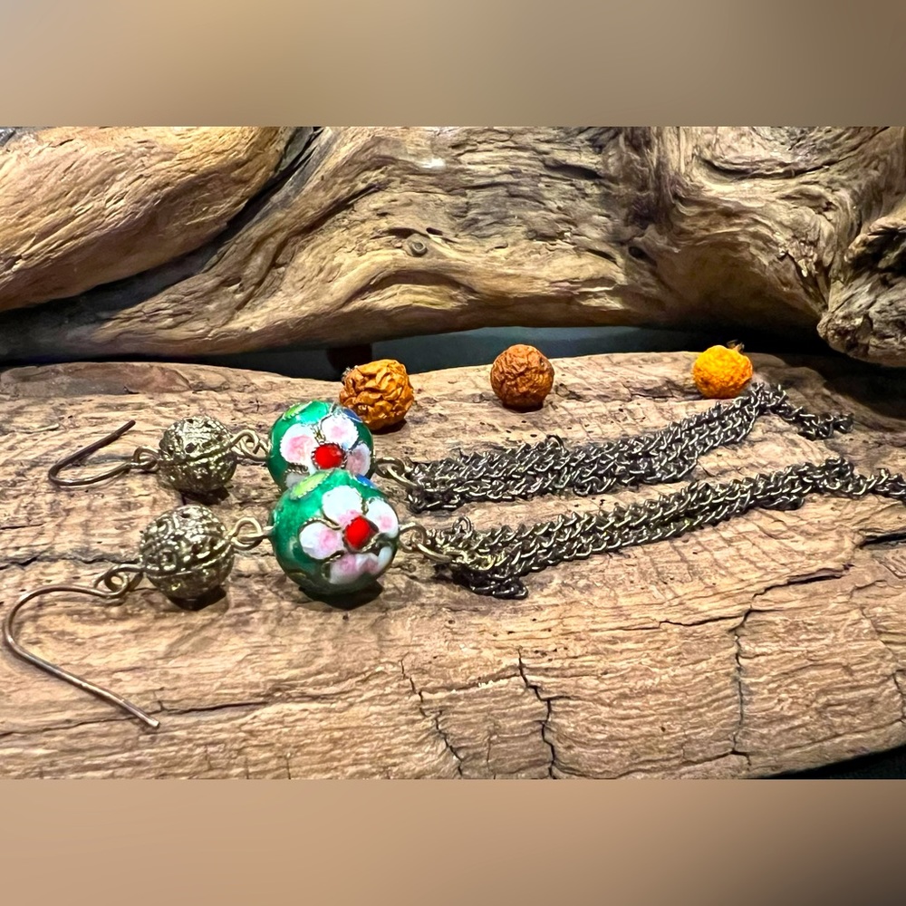 Floral Cloisonné Earrings Bronze Tone Hooks Green Pink Flowers chains Costume 5”